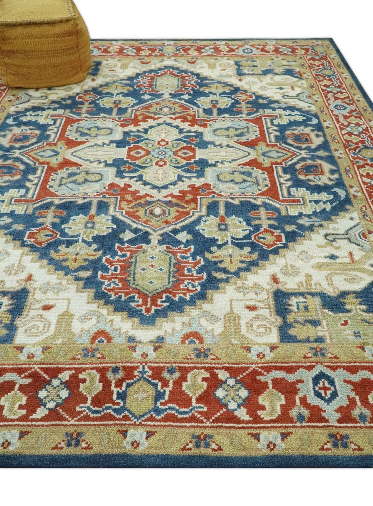 Custom Made Brown, Blue, Ivory and Olive Hand knotted Traditional Heriz Medallion Wool Area Rug.