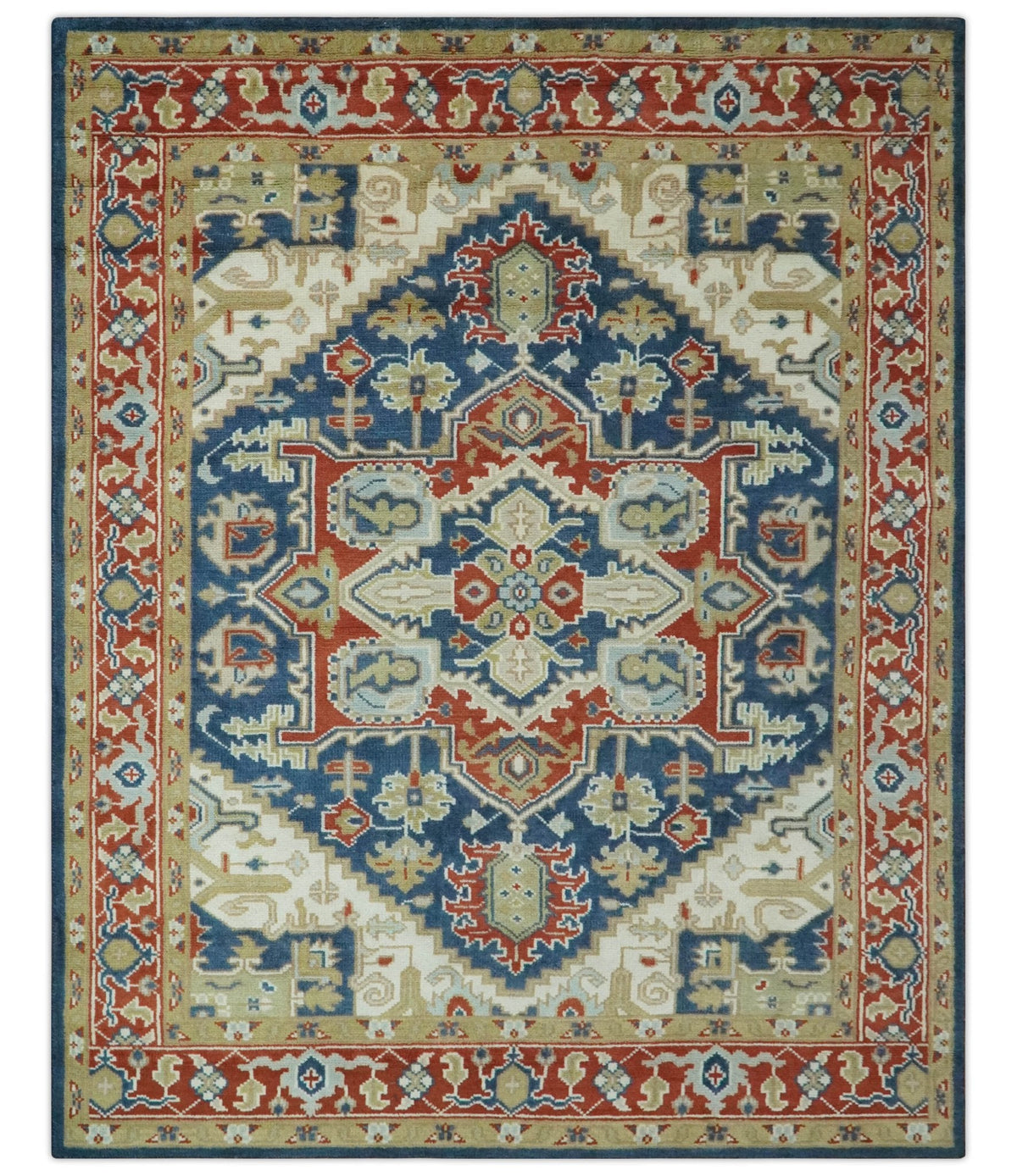 Custom Made Brown, Blue, Ivory and Olive Hand knotted Traditional Heriz Medallion Wool Area Rug.