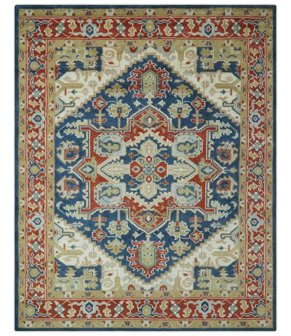 Custom Made Brown, Blue, Ivory and Olive Hand knotted Traditional Heriz Medallion Wool Area Rug.