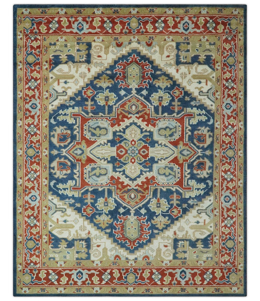 Custom Made Brown, Blue, Ivory and Olive Hand knotted Traditional Heriz Medallion Wool Area Rug.