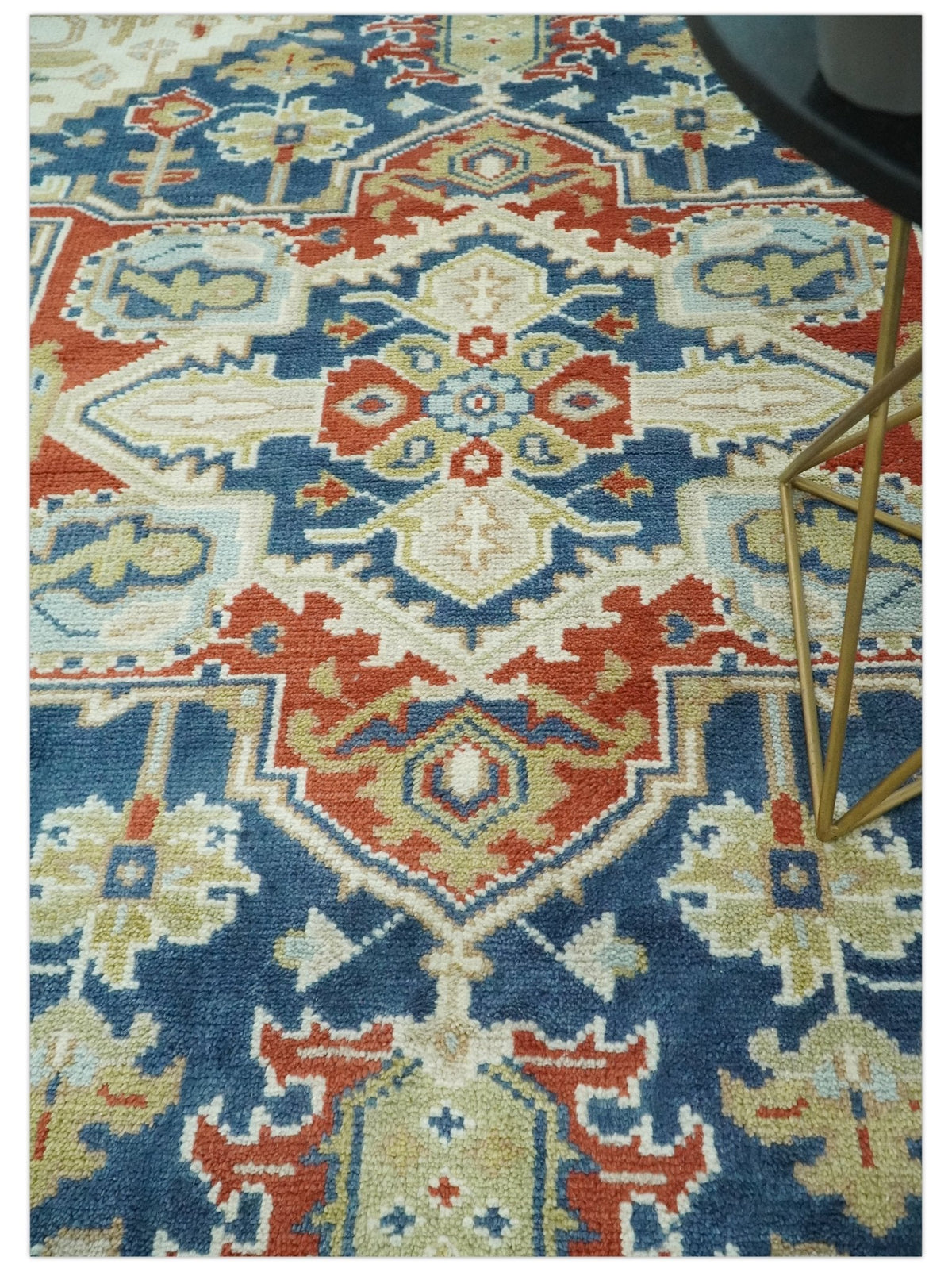 Custom Made Brown, Blue, Ivory and Olive Hand knotted Traditional Heriz Medallion Wool Area Rug.