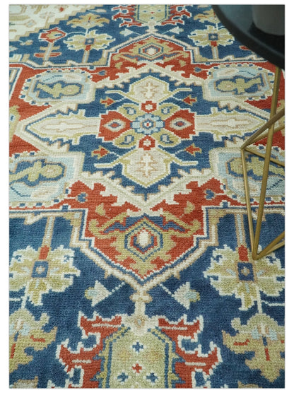Custom Made Brown, Blue, Ivory and Olive Hand knotted Traditional Heriz Medallion Wool Area Rug.