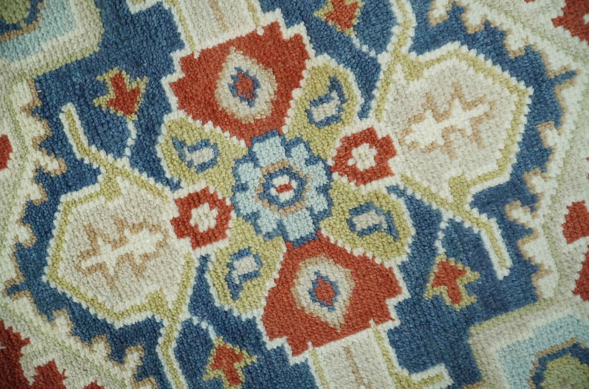 Custom Made Brown, Blue, Ivory and Olive Hand knotted Traditional Heriz Medallion Wool Area Rug.