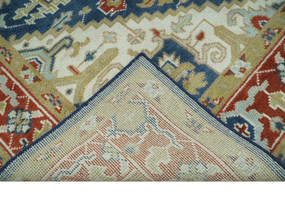 Custom Made Brown, Blue, Ivory and Olive Hand knotted Traditional Heriz Medallion Wool Area Rug.