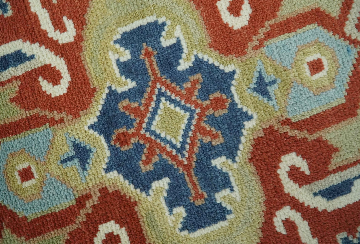 Custom Made Brown, Blue, Ivory and Olive Traditional Heriz Medallion Wool Area Rug.