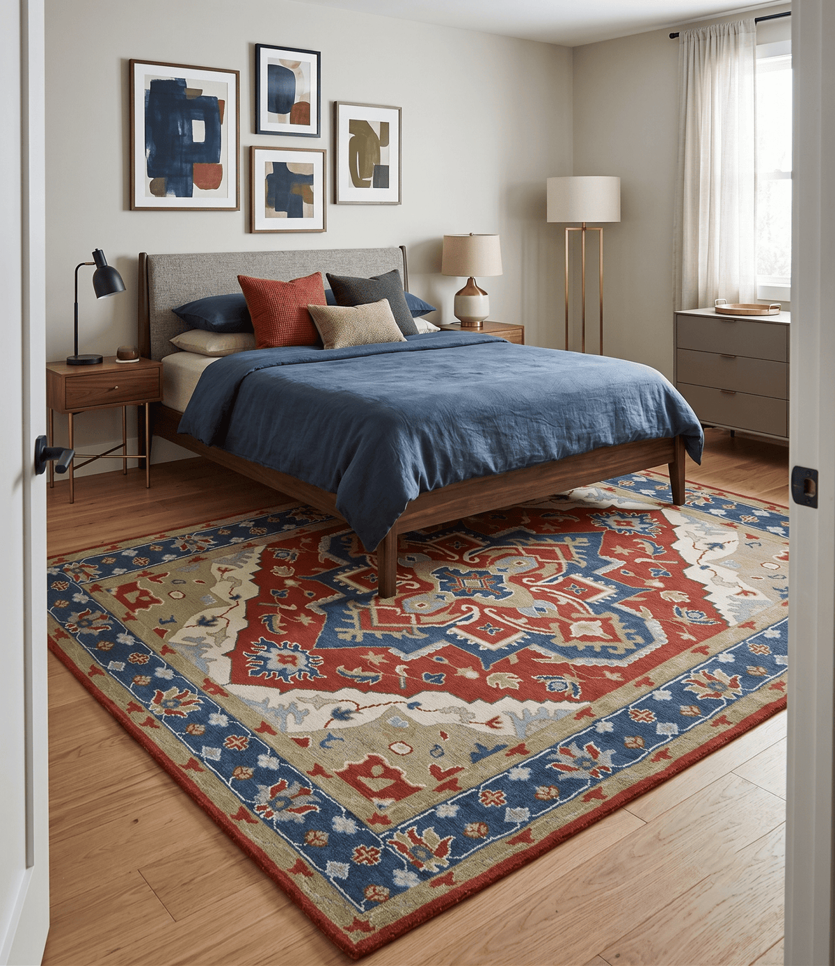 Custom Made Brown, Blue, Ivory and Olive Traditional Heriz Medallion Wool Area Rug.