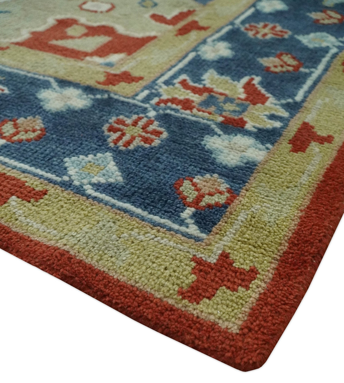 Custom Made Brown, Blue, Ivory and Olive Traditional Heriz Medallion Wool Area Rug.