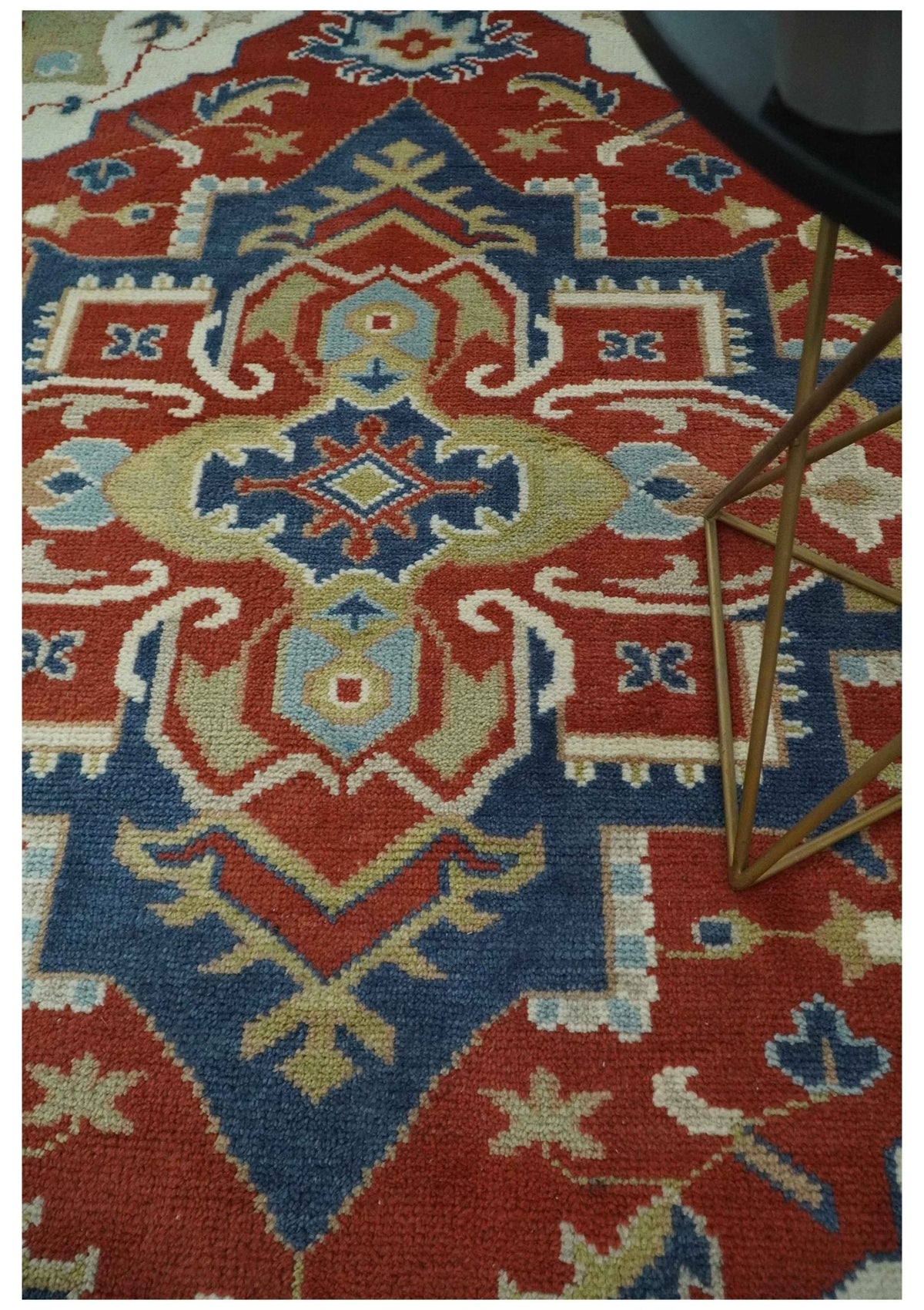 Custom Made Brown, Blue, Ivory and Olive Traditional Heriz Medallion Wool Area Rug.