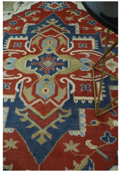 Custom Made Brown, Blue, Ivory and Olive Traditional Heriz Medallion Wool Area Rug.