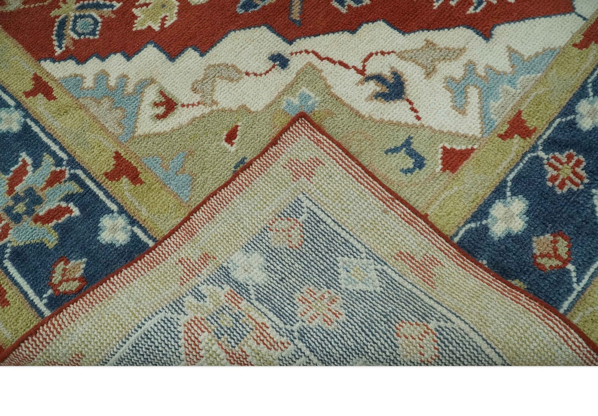 Custom Made Brown, Blue, Ivory and Olive Traditional Heriz Medallion Wool Area Rug.