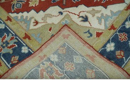 Custom Made Brown, Blue, Ivory and Olive Traditional Heriz Medallion Wool Area Rug.