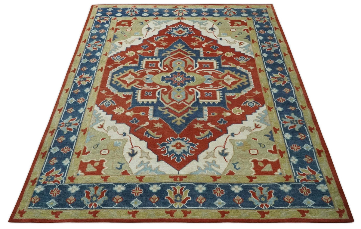 Custom Made Brown, Blue, Ivory and Olive Traditional Heriz Medallion Wool Area Rug.