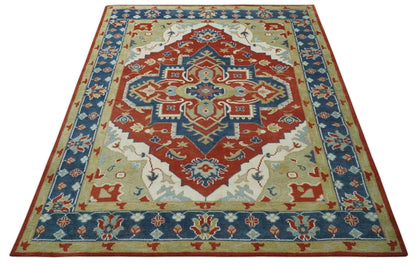 Custom Made Brown, Blue, Ivory and Olive Traditional Heriz Medallion Wool Area Rug.