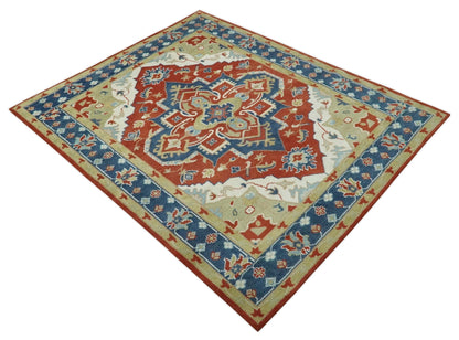 Custom Made Brown, Blue, Ivory and Olive Traditional Heriz Medallion Wool Area Rug.
