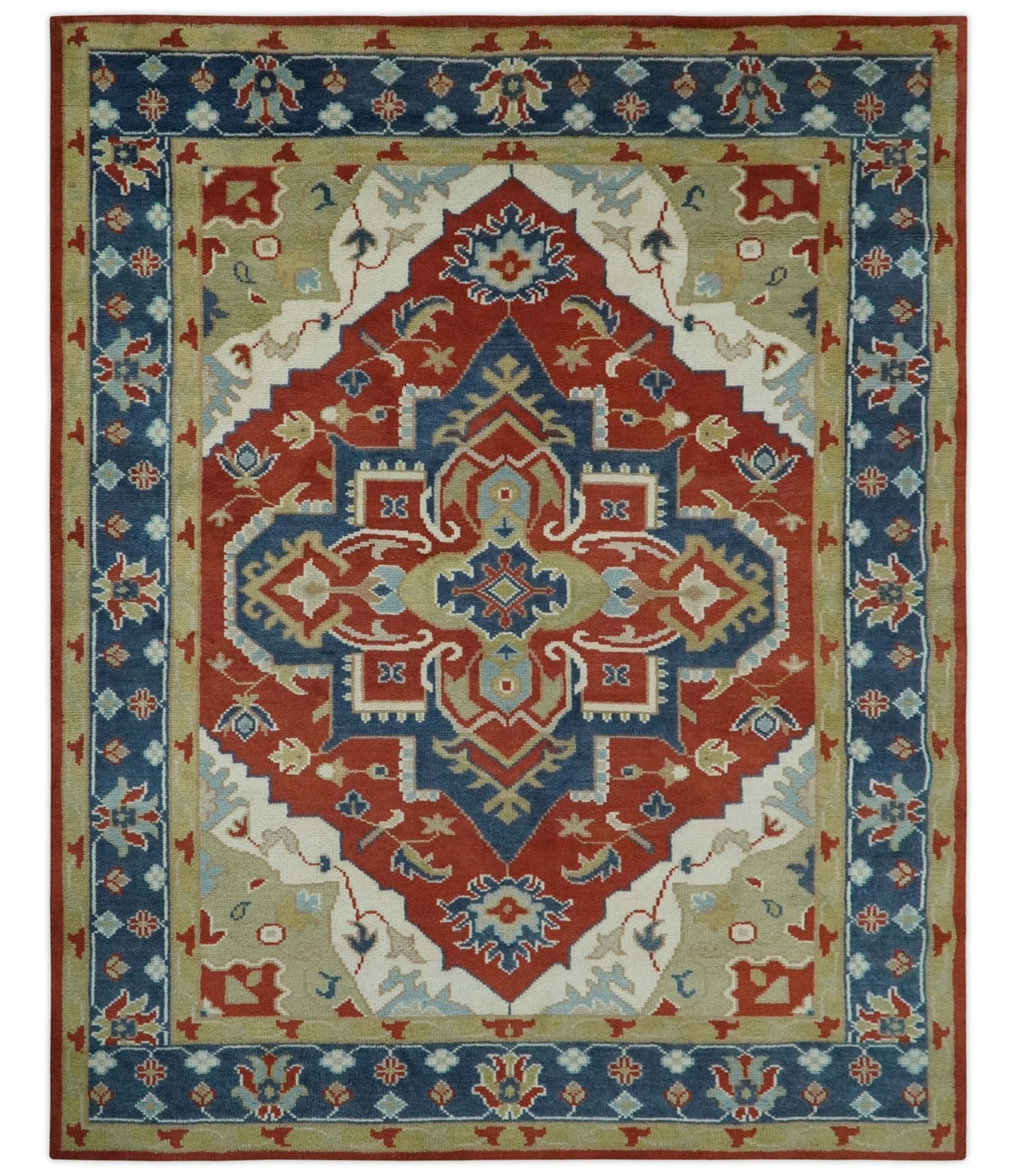 Custom Made Brown, Blue, Ivory and Olive Traditional Heriz Medallion Wool Area Rug.