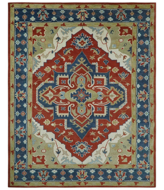Custom Made Brown, Blue, Ivory and Olive Traditional Heriz Medallion Wool Area Rug.