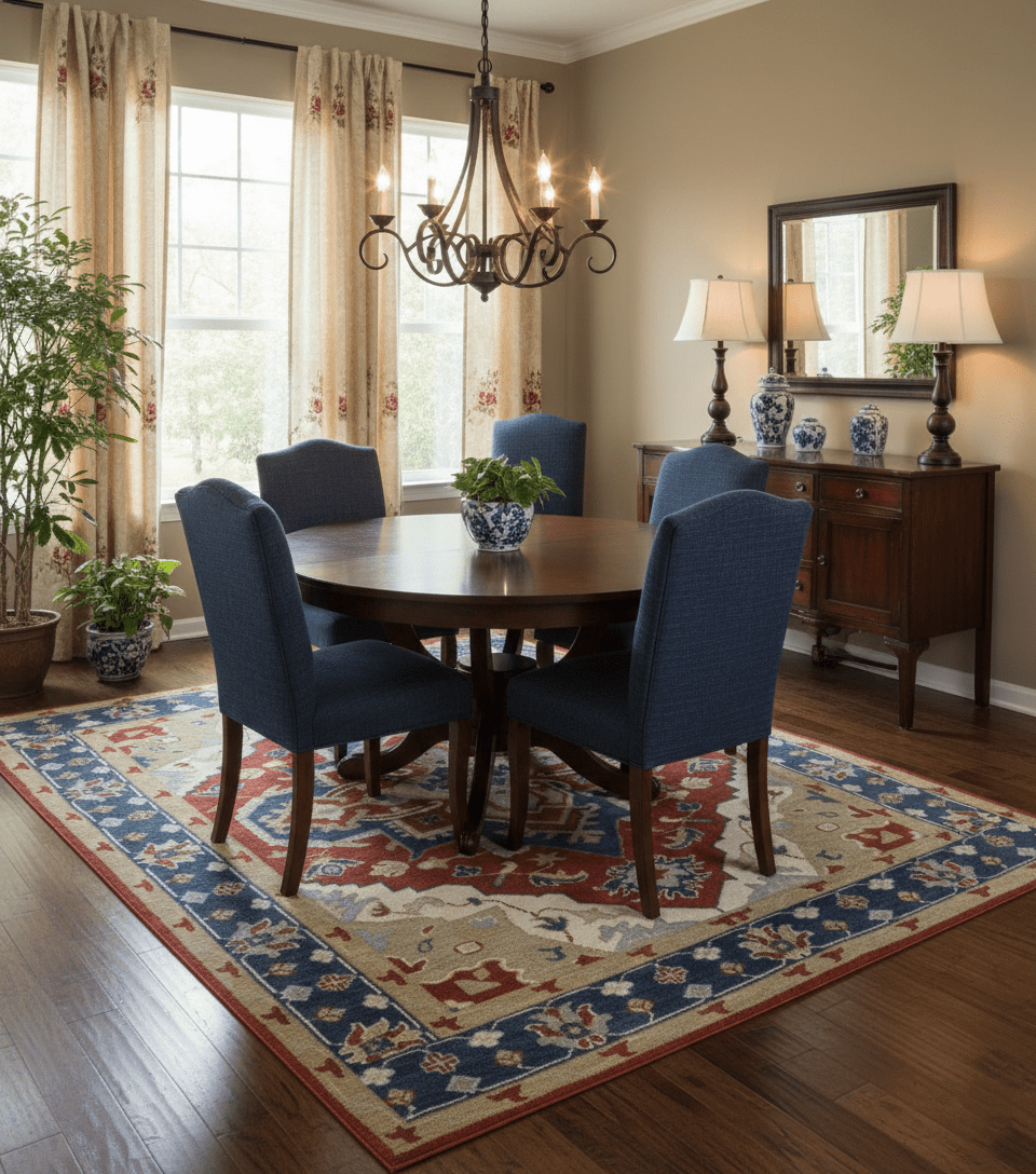 Custom Made Brown, Blue, Ivory and Olive Traditional Heriz Medallion Wool Area Rug.