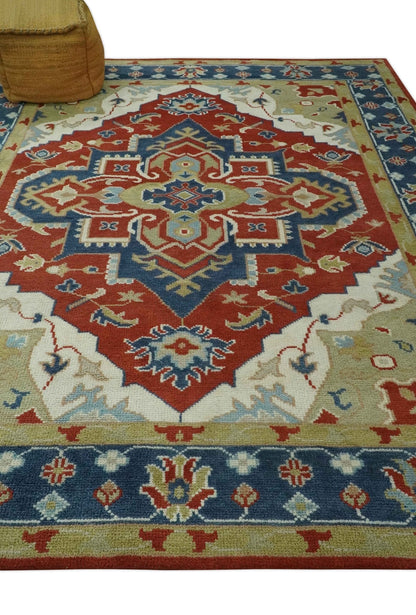 Custom Made Brown, Blue, Ivory and Olive Traditional Heriz Medallion Wool Area Rug.