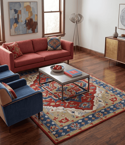 Custom Made Brown, Blue, Ivory and Olive Traditional Heriz Medallion Wool Area Rug.