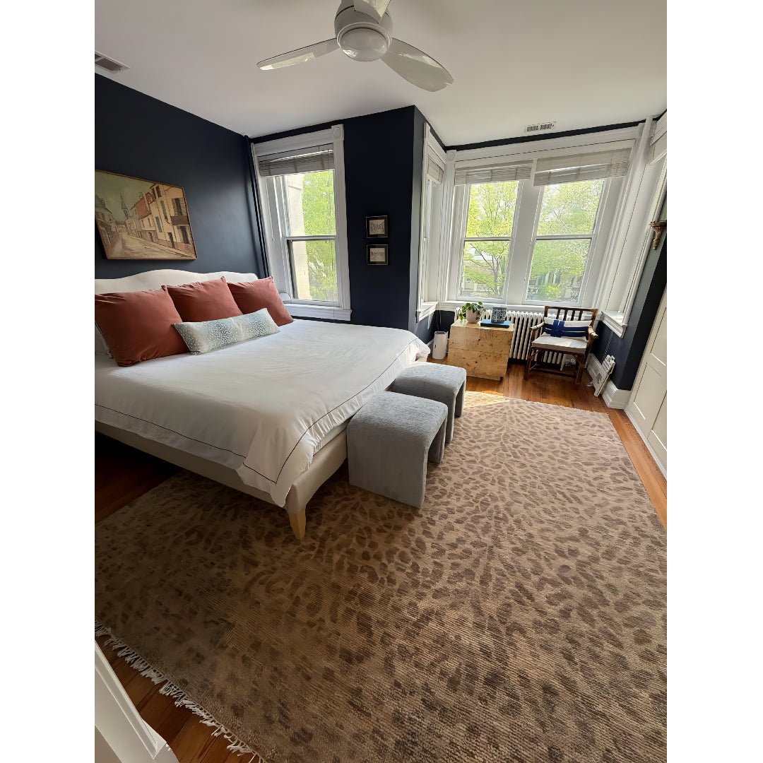 Custom Made Camel and Taupe Modern leopard Design Hand knotted wool area rug.