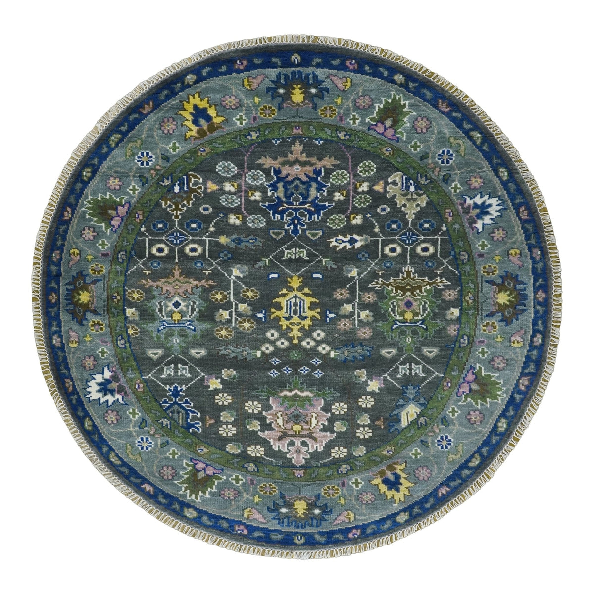 Custom Made Charcoal And Blue Turkish Design Round Hand Knotted Wool Rug.