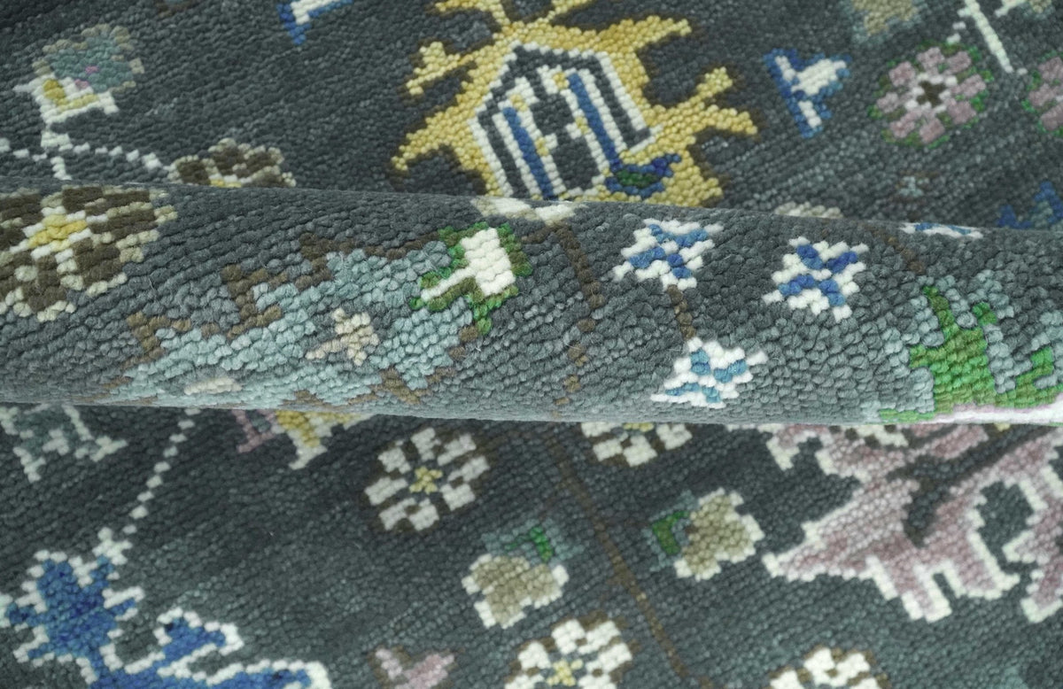 Custom Made Charcoal And Blue Turkish Design Round Hand Knotted Wool Rug.