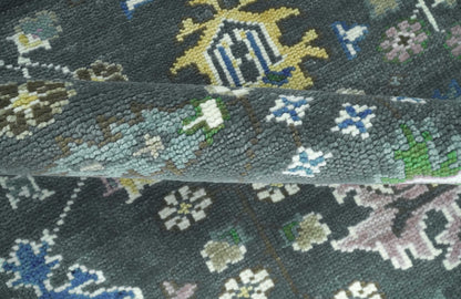 Custom Made Charcoal And Blue Turkish Design Round Hand Knotted Wool Rug.