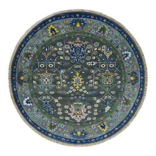 Custom Made Charcoal And Blue Turkish Design Round Hand Knotted Wool Rug.