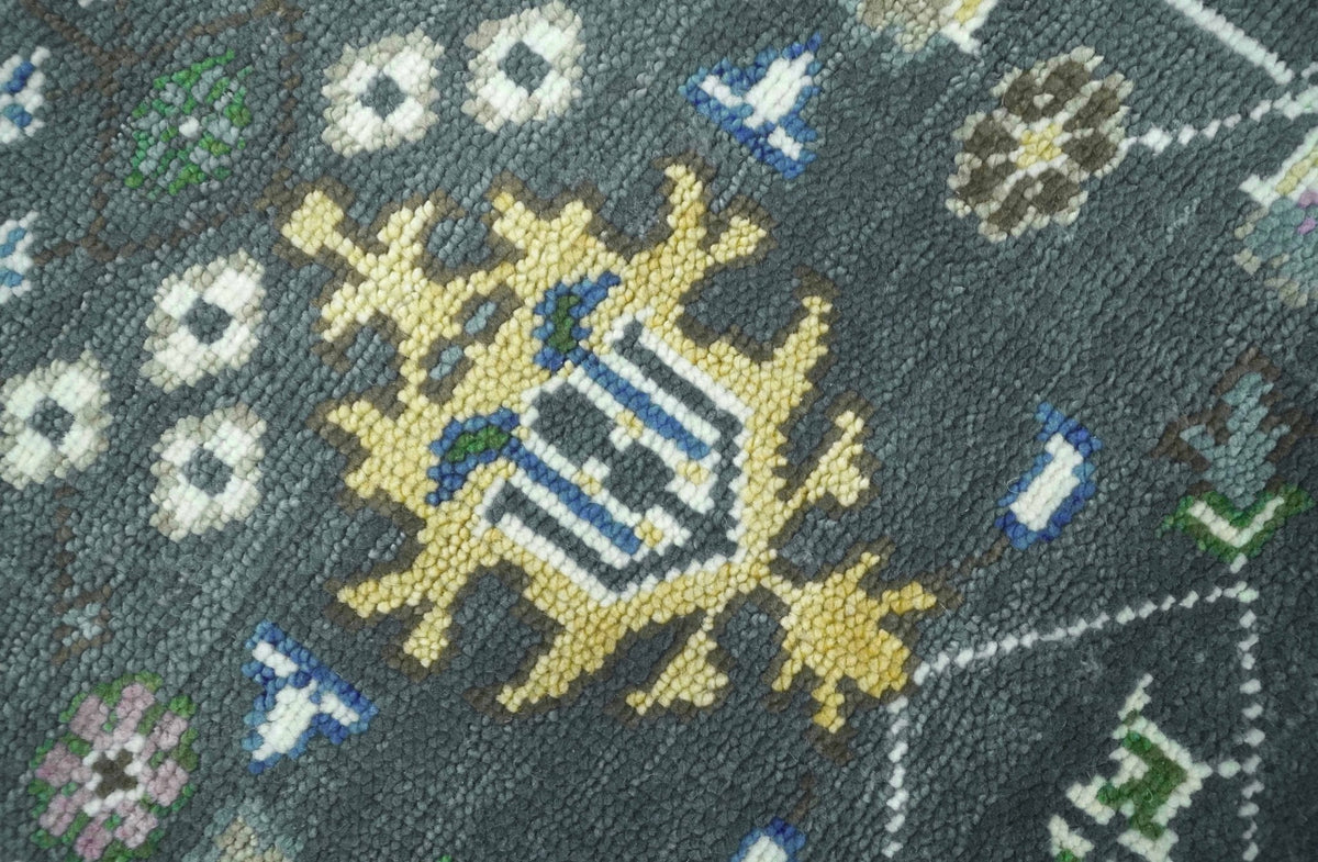 Custom Made Charcoal And Blue Turkish Design Round Hand Knotted Wool Rug.