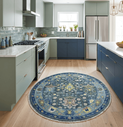 Custom Made Charcoal And Blue Turkish Design Round Hand Knotted Wool Rug.
