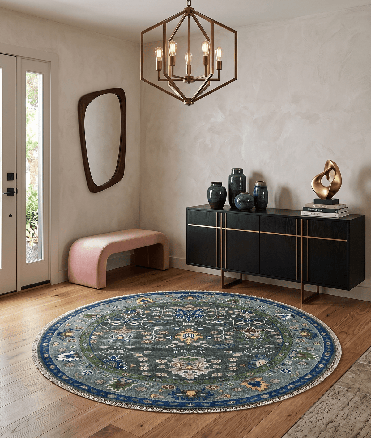 Custom Made Charcoal And Blue Turkish Design Round Hand Knotted Wool Rug.