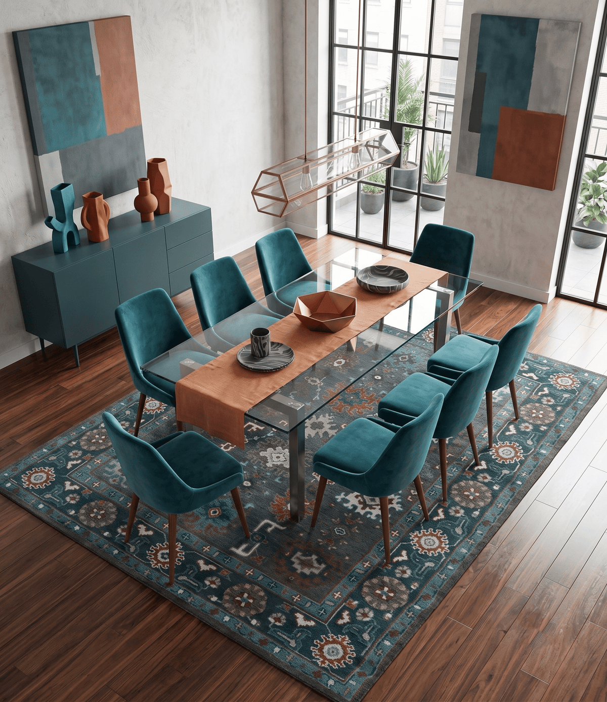 Custom Made Charcoal and Teal Hand knotted Traditional Oushak wool area rug.