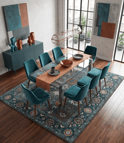 Custom Made Charcoal and Teal Hand knotted Traditional Oushak wool area rug.