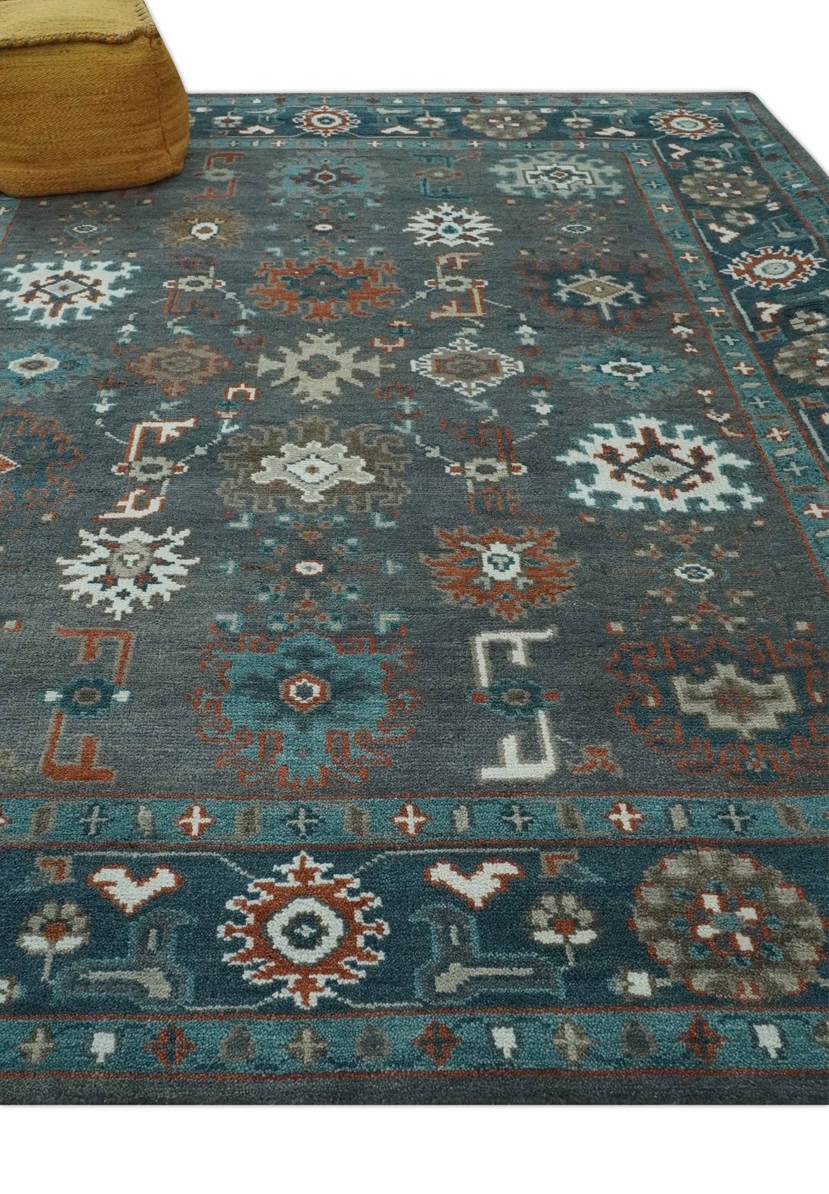 Custom Made Charcoal and Teal Hand knotted Traditional Oushak wool area rug.