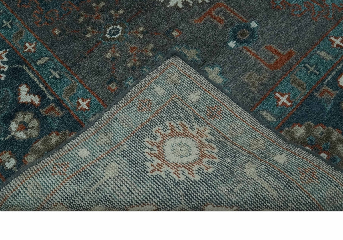 Custom Made Charcoal and Teal Hand knotted Traditional Oushak wool area rug.