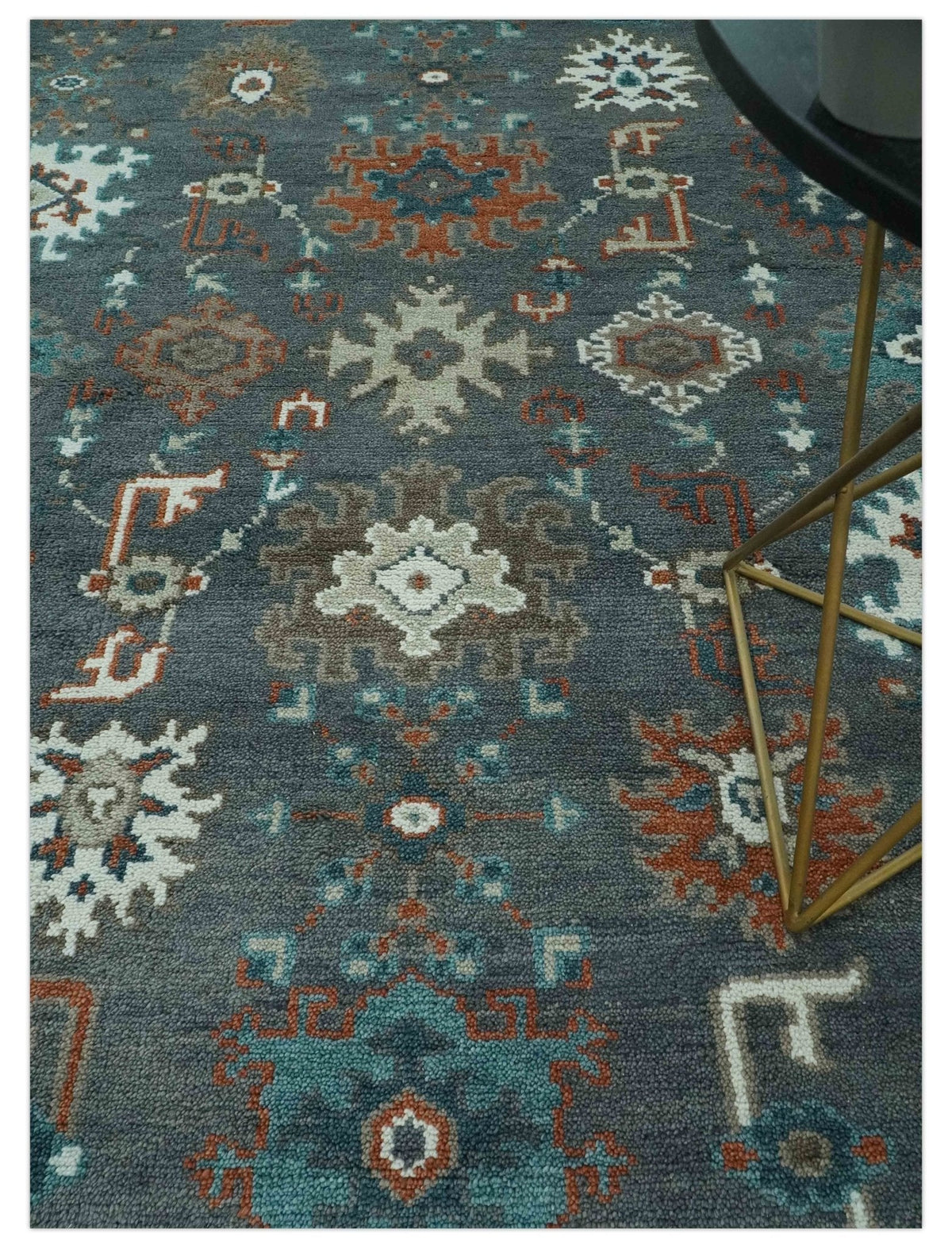 Custom Made Charcoal and Teal Hand knotted Traditional Oushak wool area rug.