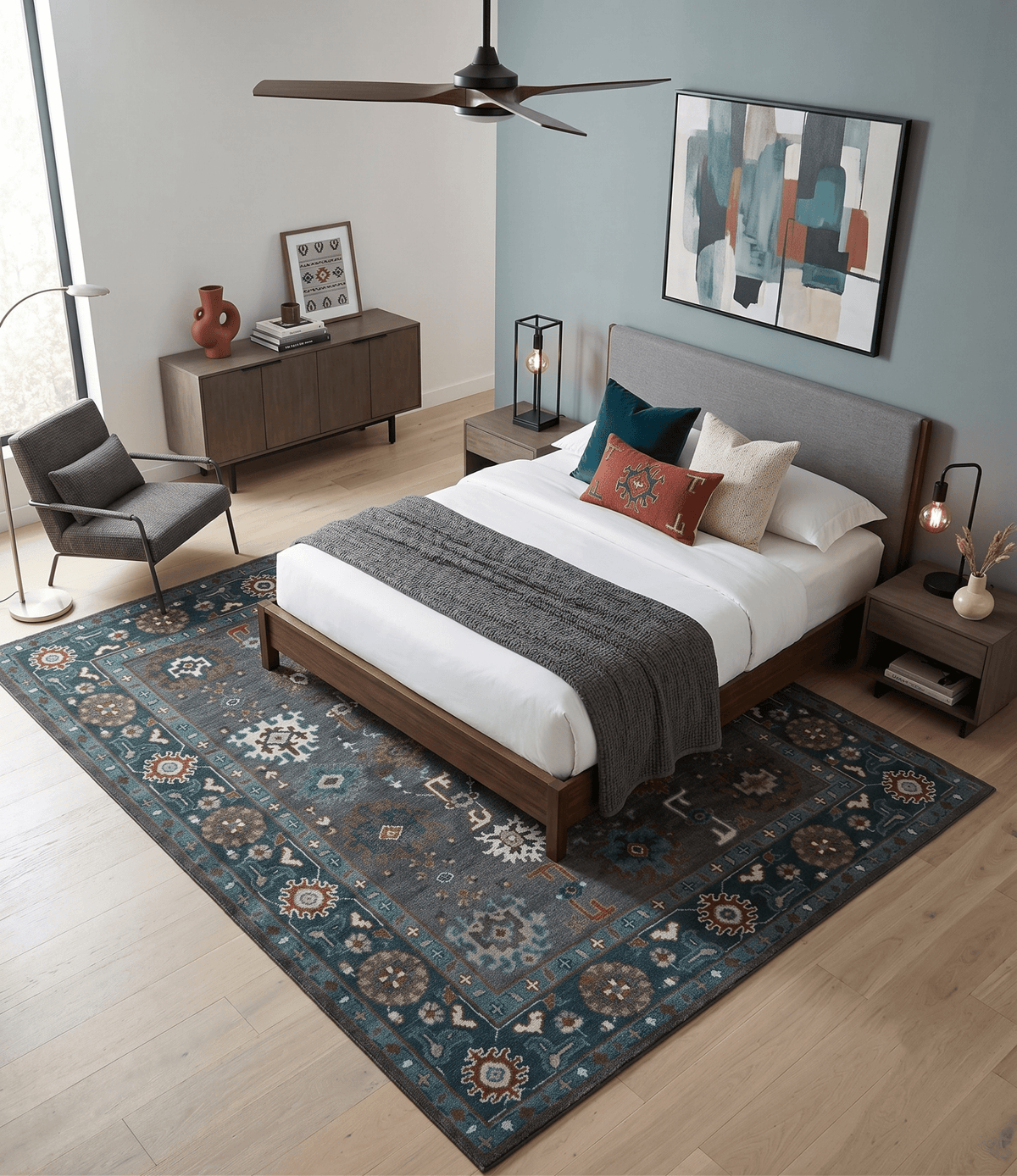Custom Made Charcoal and Teal Hand knotted Traditional Oushak wool area rug.