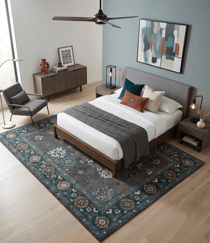 Custom Made Charcoal and Teal Hand knotted Traditional Oushak wool area rug.