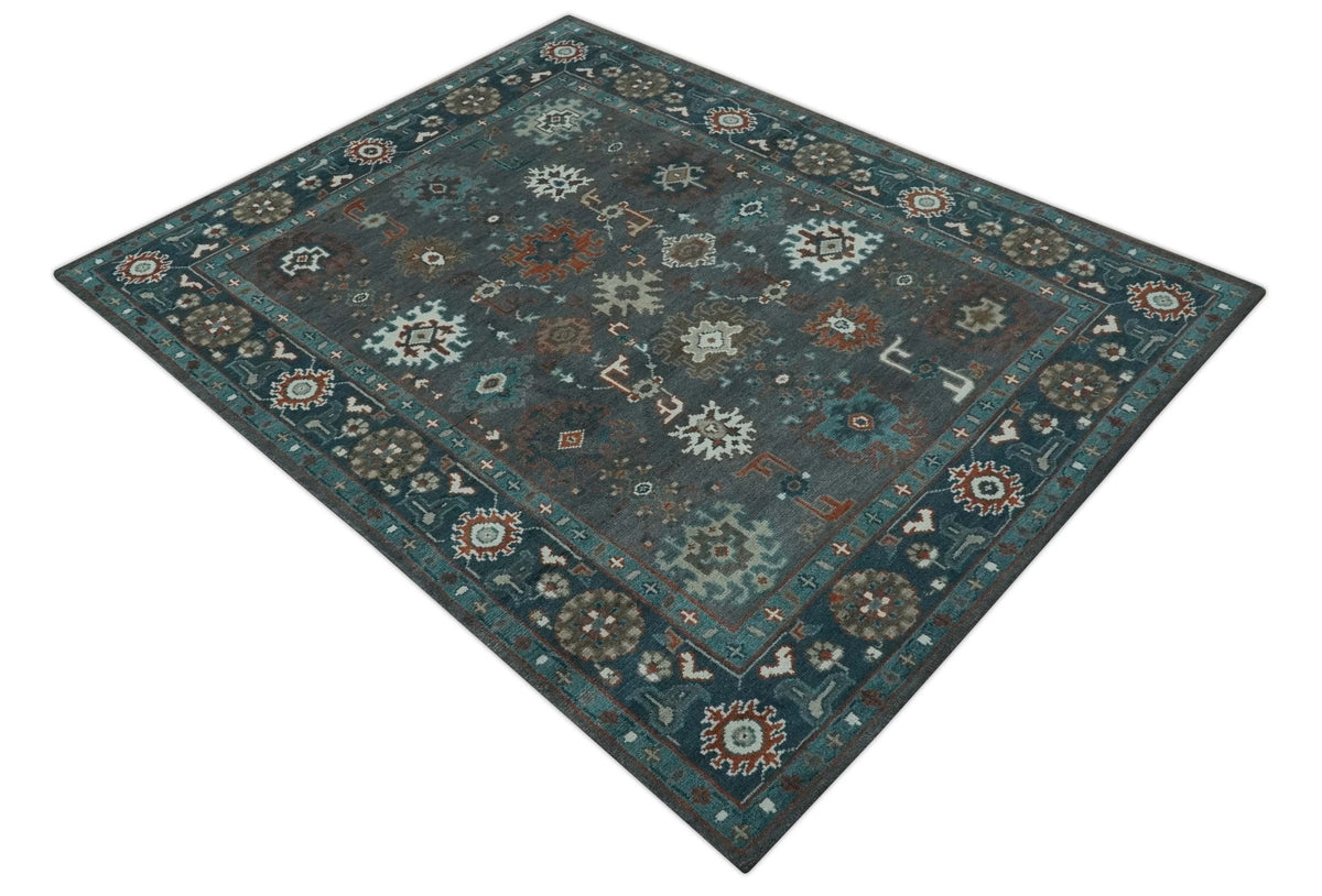 Custom Made Charcoal and Teal Hand knotted Traditional Oushak wool area rug.
