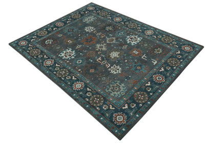 Custom Made Charcoal and Teal Hand knotted Traditional Oushak wool area rug.