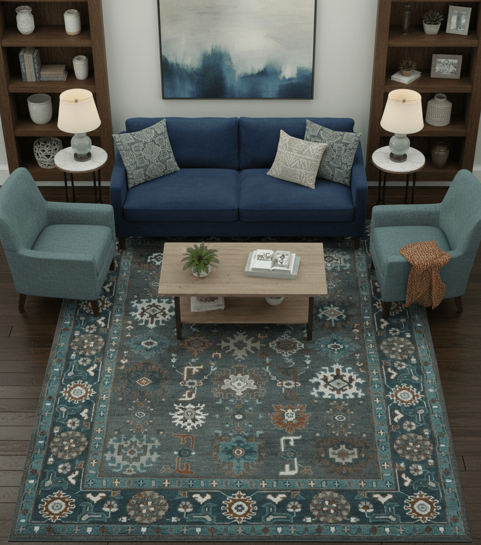 Custom Made Charcoal and Teal Hand knotted Traditional Oushak wool area rug.