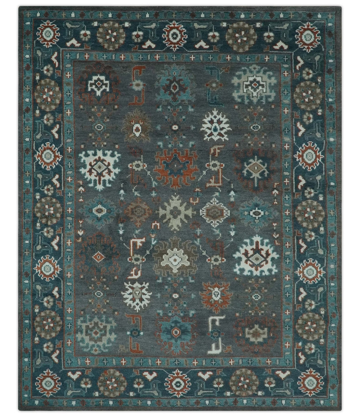 Custom Made Charcoal and Teal Hand knotted Traditional Oushak wool area rug.