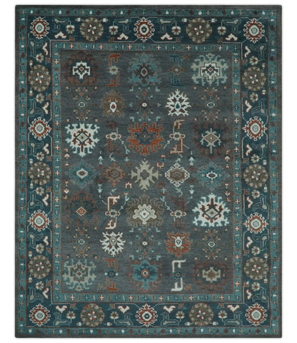Custom Made Charcoal and Teal Hand knotted Traditional Oushak wool area rug.