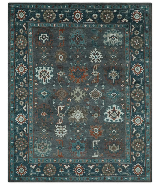 Custom Made Charcoal and Teal Hand knotted Traditional Oushak wool area rug.