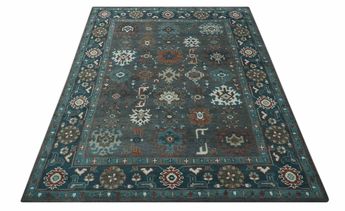 Custom Made Charcoal and Teal Hand knotted Traditional Oushak wool area rug.