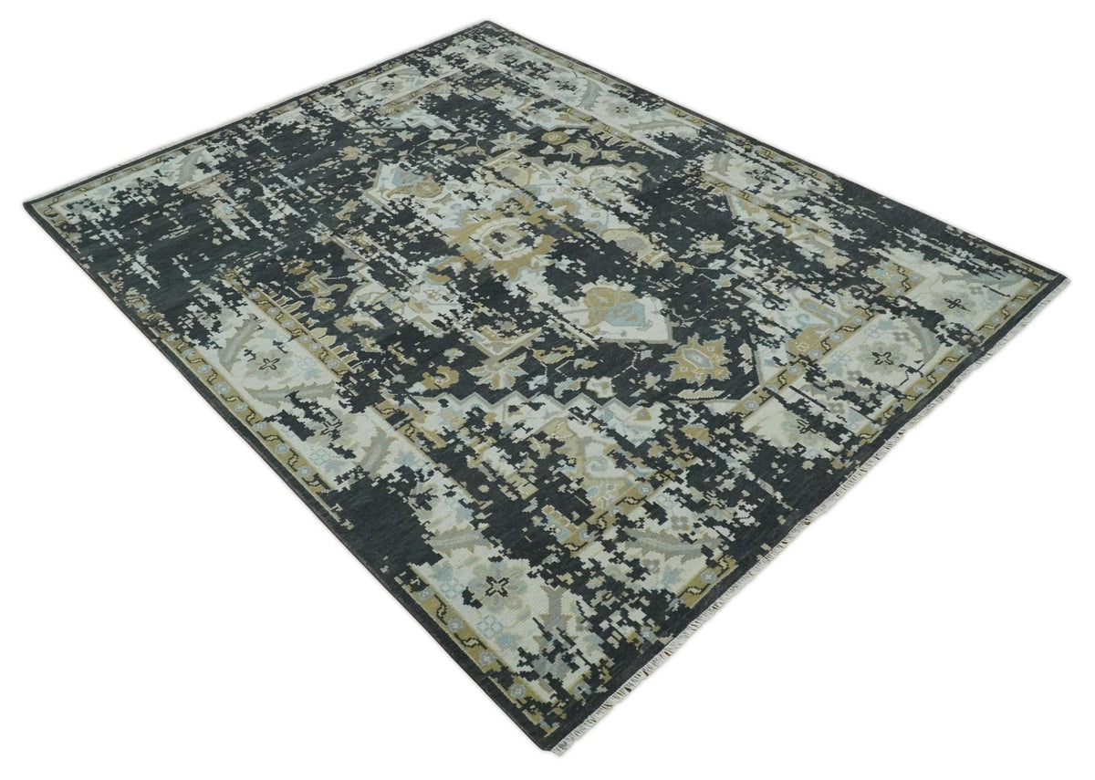 Custom Made Charcoal, Ivory and Beige Transitional Hand knotted wool Area Rug.