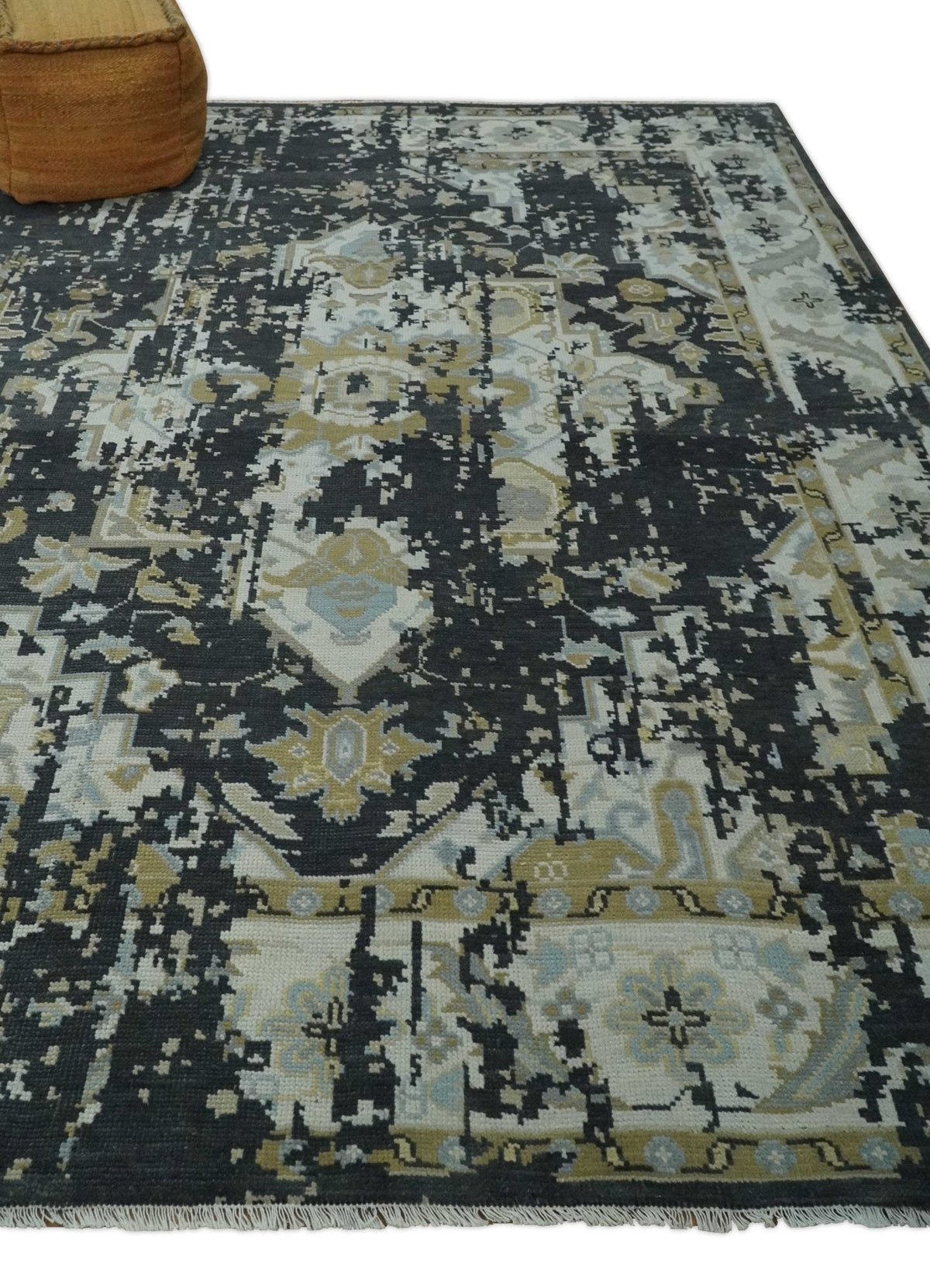 Custom Made Charcoal, Ivory and Beige Transitional Hand knotted wool Area Rug.