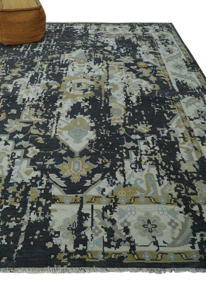 Custom Made Charcoal, Ivory and Beige Transitional Hand knotted wool Area Rug.