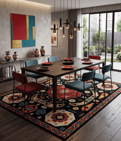 Custom Made Colorful Black, Maroon and Beige Traditional Mamluk Design wool Rug.
