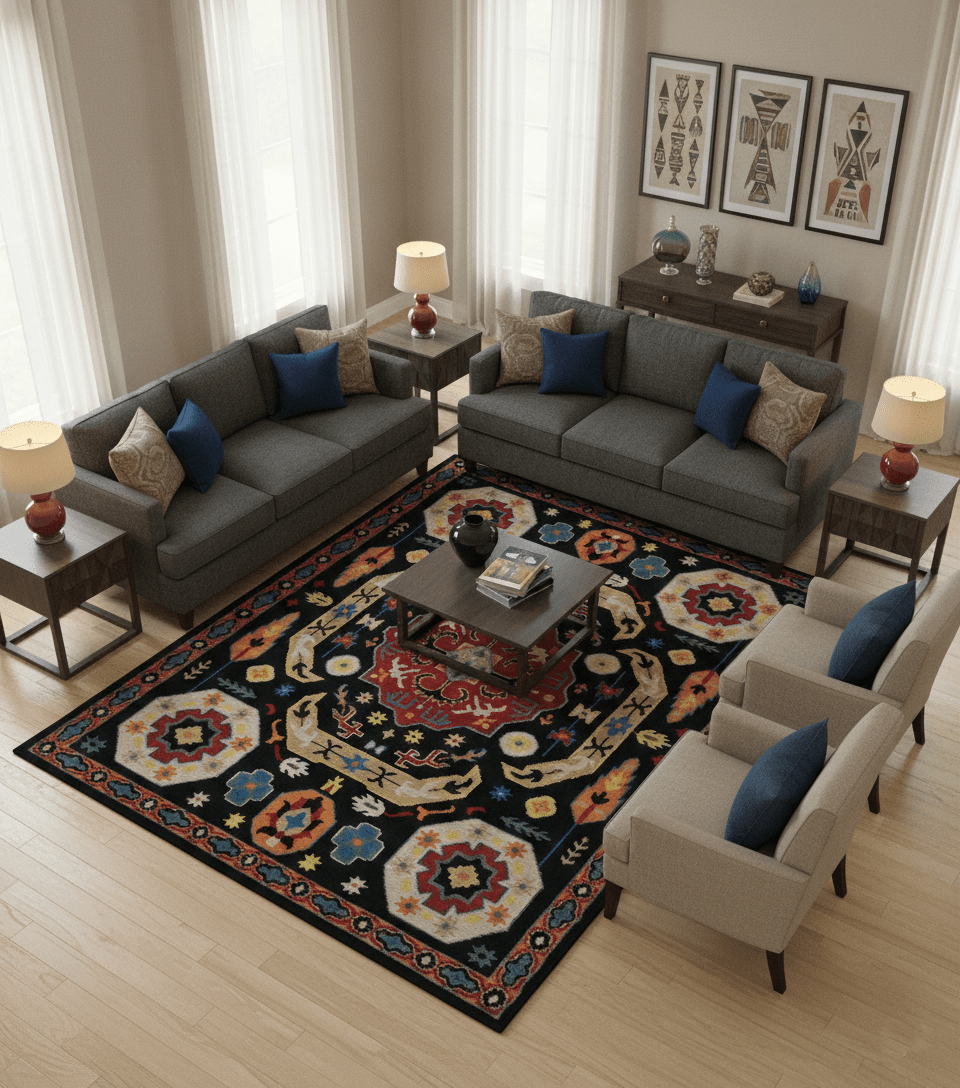 Custom Made Colorful Black, Maroon and Beige Traditional Mamluk Design wool Rug.